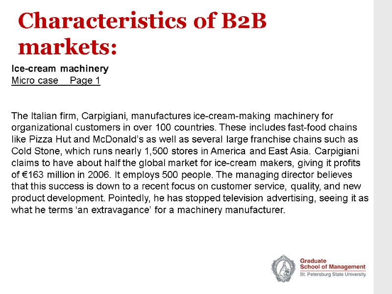 Characteristics of B2B markets: Ice-cream machinery Micro case    Page 1 